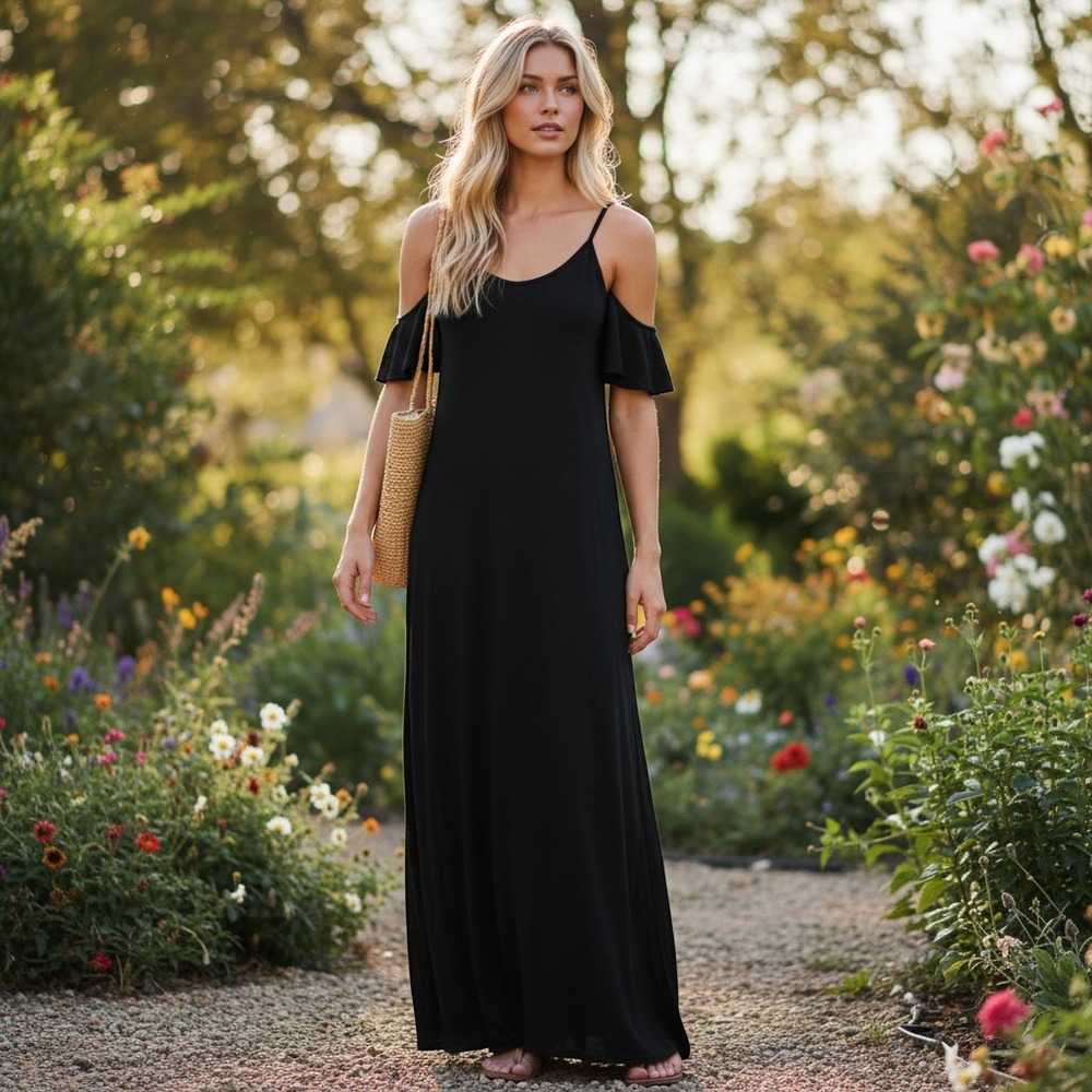 Grecerelle Black Cold Shoulder Maxi Dress Womens Medium Short Sleeve Side Slit